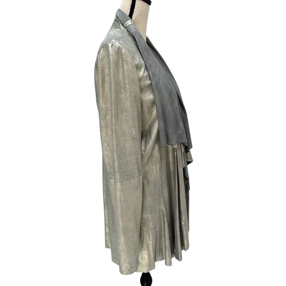 CATHERINE MALANDRINO SILVER METALLIC DRAPED NECKLINE OPEN LEATHER JACKET - NWT - Picture 4 of 13